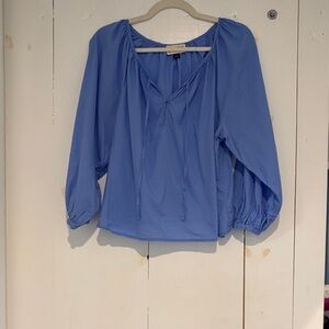 Blue cotton long sleeve split neck blouse 100% cotton